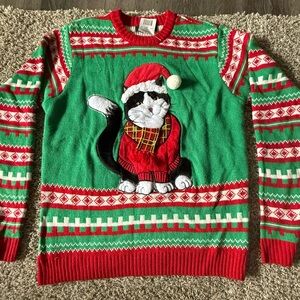 Holiday Cat Crewneck Sweater - Green and Red